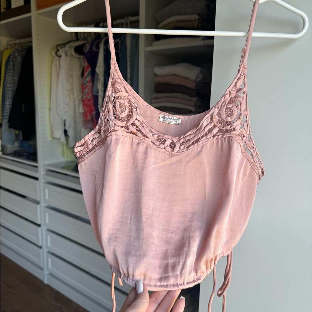 Free People S Crop Satin Lace Trim Top Petal Pink NWT